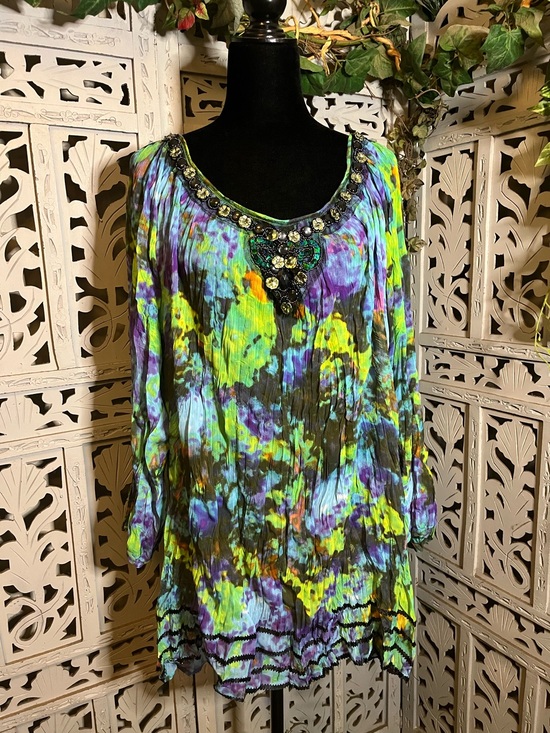 Meshki Tops - MUSHKA by SIENNA ROSE SHEER PURPLE & MULTICOLOR ABSTRACT TIE-DYE PLUS SIZE TOP